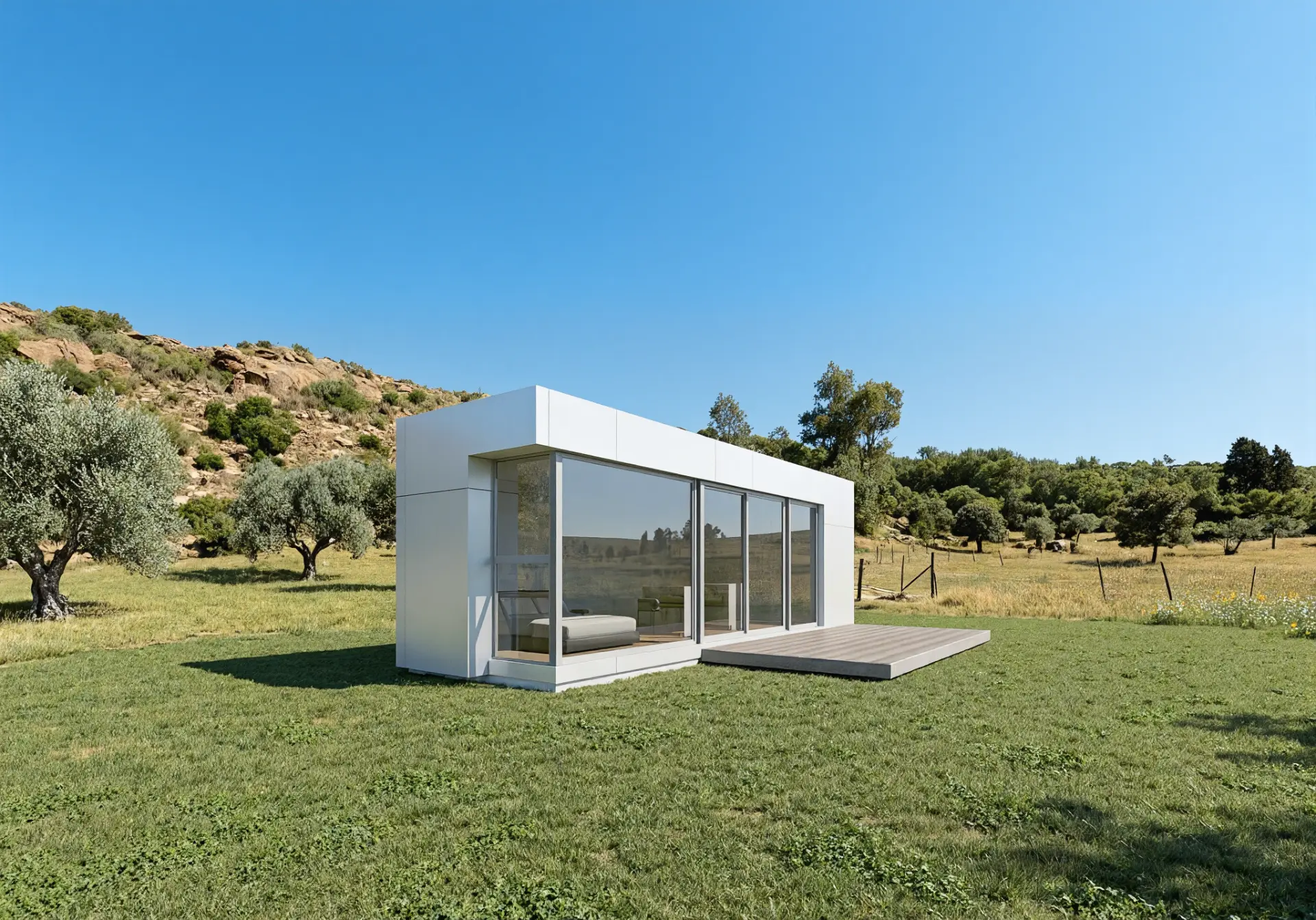Modelo S: casa modular blanca con frente acristalado en un prado con olivos