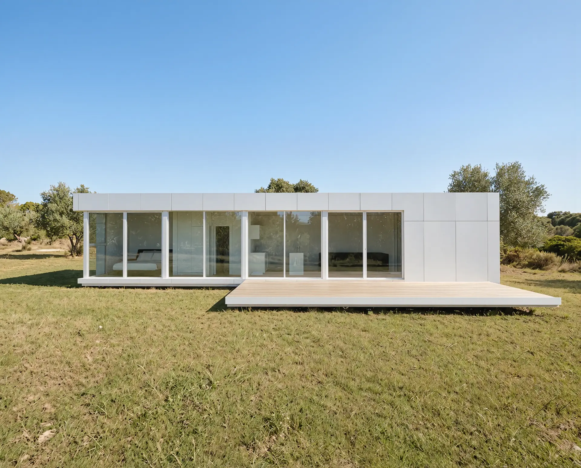 Modelo L de frente: fachada acristalada con el dormitorio a la izquierda, la cocina al centro y el salón a la derecha, sobre una pradera con olivos y una plataforma de madera volada